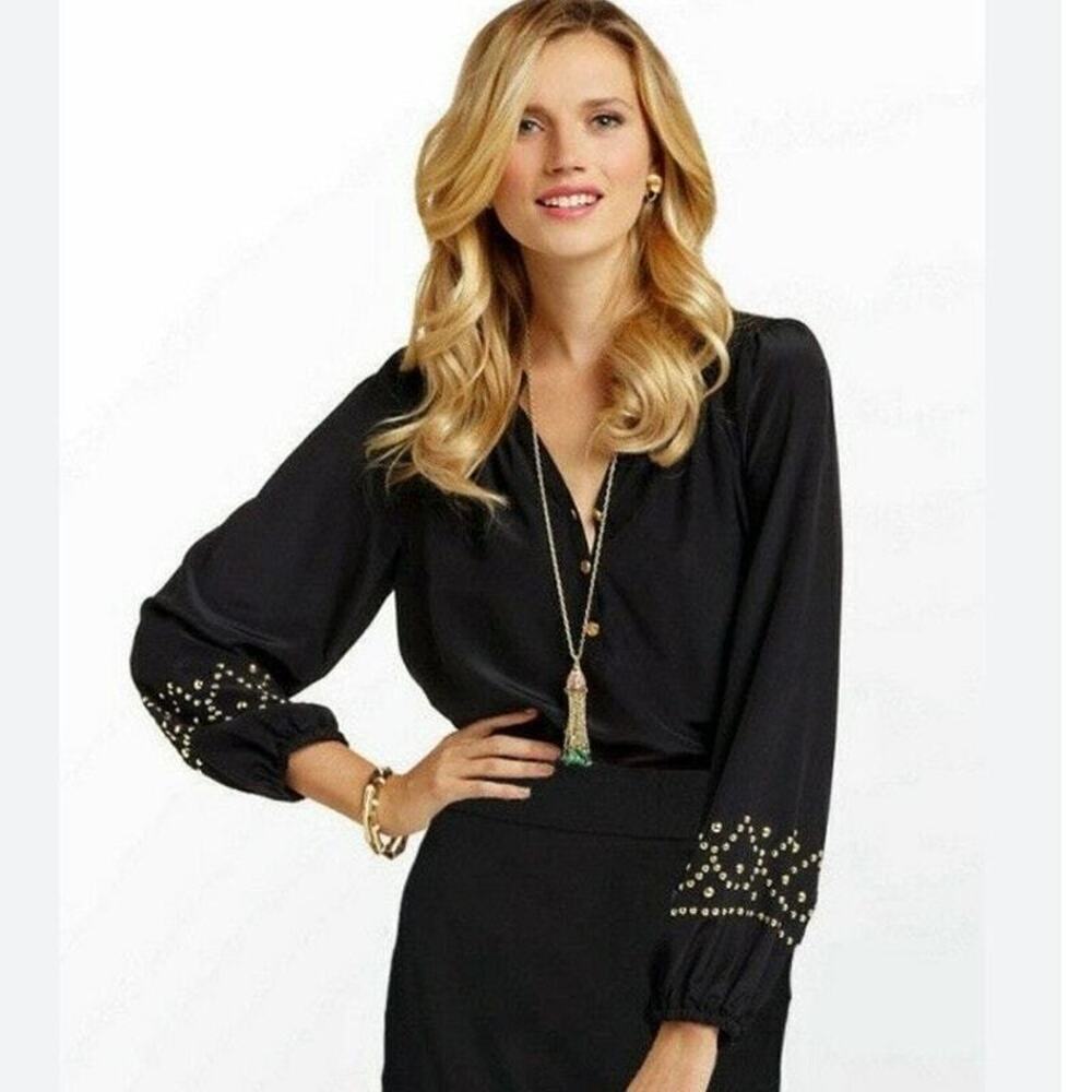 Lilly Pulitzer Elsa Black Silk Gold Stud Sleeve Top size XS - Picture 3 of 5